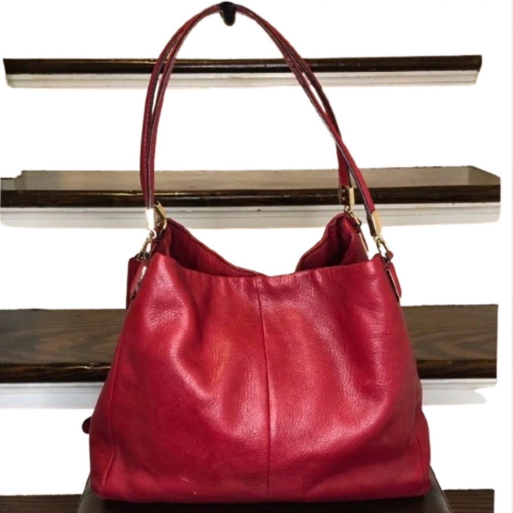 COACH Madison Phoebe Tumbled Red Leather Copper Lining 3 Section Shoulder Bag - Picture 2 of 16
